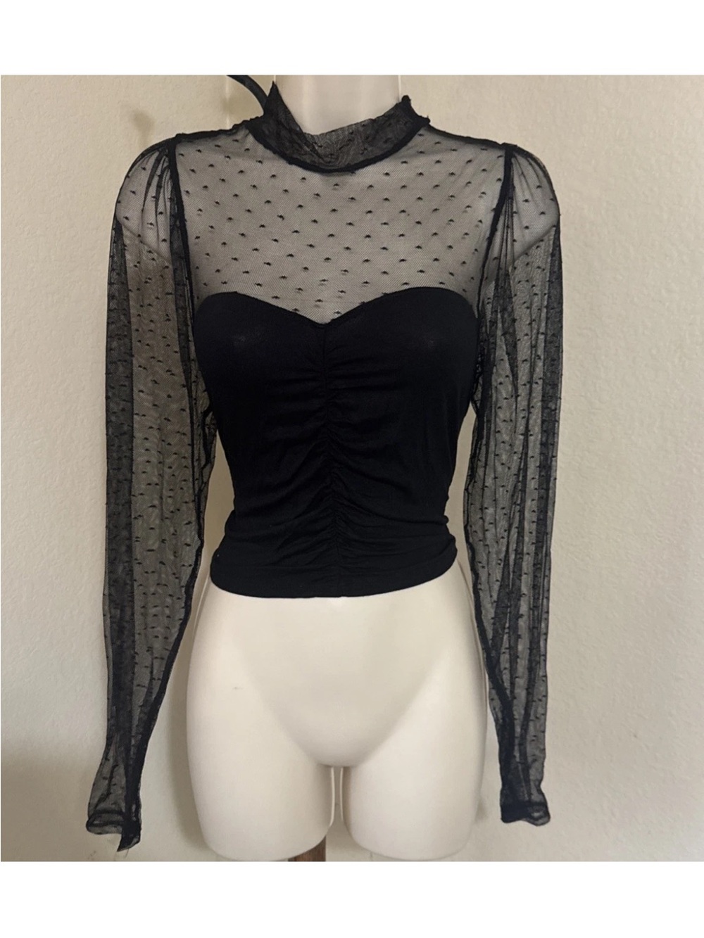 Black Mesh Long Sleeve Ruched Bodice Top Sheer Dotted High Neck Size Medium